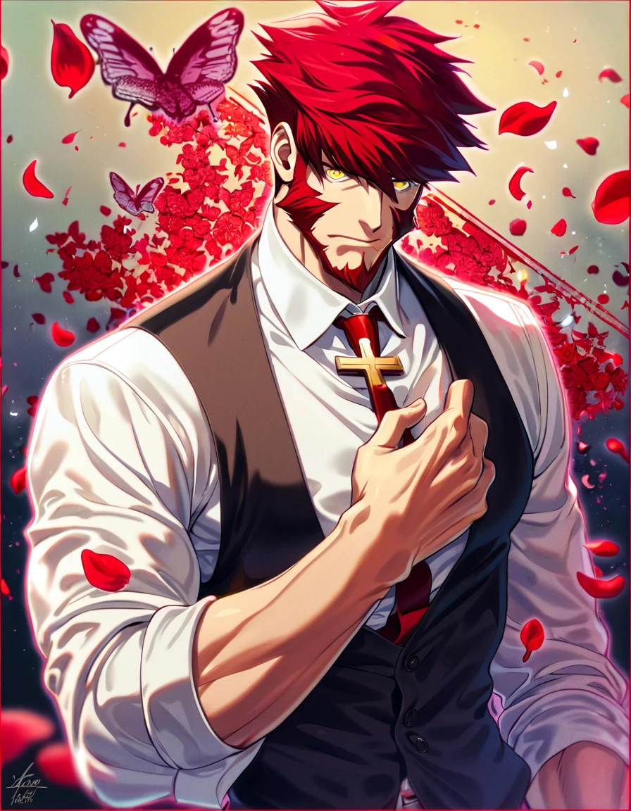 absurdres, highres, ultra detailed, HDR, master piece, best quality, extremely detailed face and eyes, Klaus Von Reinhertz, red hair, expressive yellow eyes, Kekkai Sensen, solo, sexy man, handsome, toned chest, white shirt, black vest, cross, butterflies, petals 