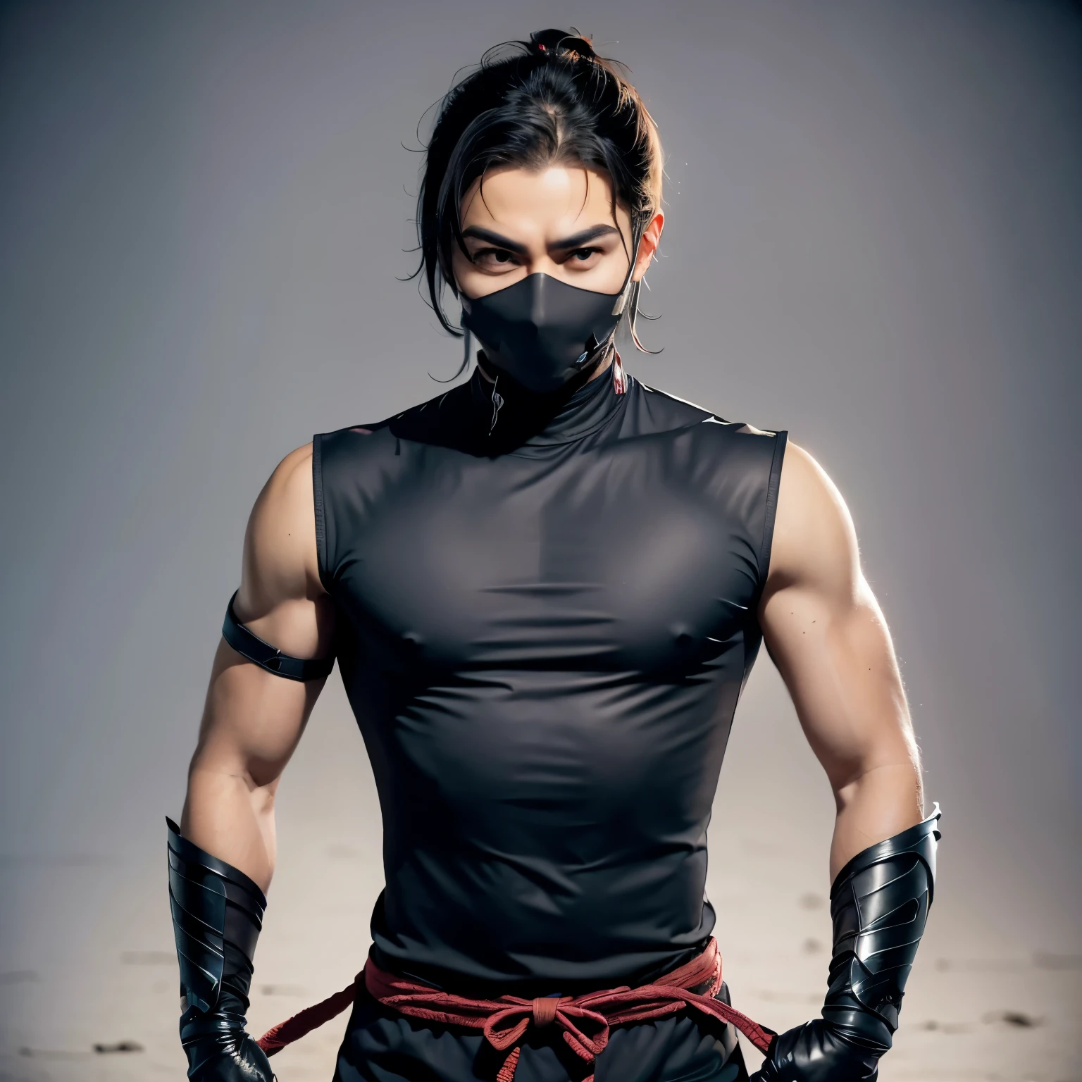 A male character with a black mask fitted to his face, con detalles en rojo oscuro resaltando las costuras y los contornos. The eye and mouth openings are surrounded by a silver metallic border, with small slits for vision and breathing. En la parte superior, There are two sharp protuberances that resemble small blades., adding an intimidating touch to the design.