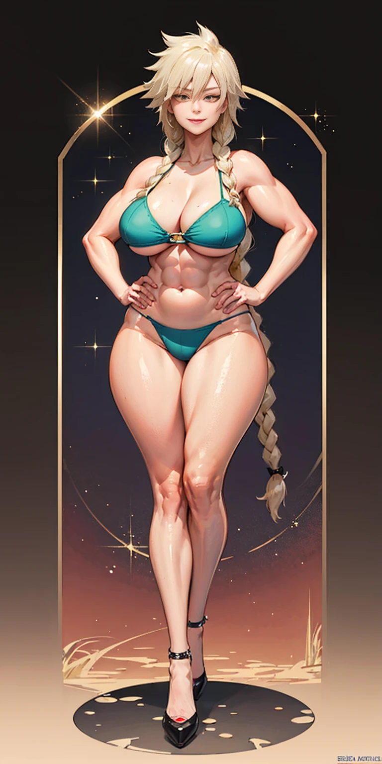 1girl full body standing, nice ass, hairstyle with a braid, white colored hair, yellow eyes, perfect lighting, muscular, thighs, Mature woman, mummy, bellybutton, Abs, looks at the viewer (Masterpiece, hi quality:1.1) smile, extremely huge breasts, Maternal, porcelain skin, extra very long hair, sparkly skin, good face, chest cover