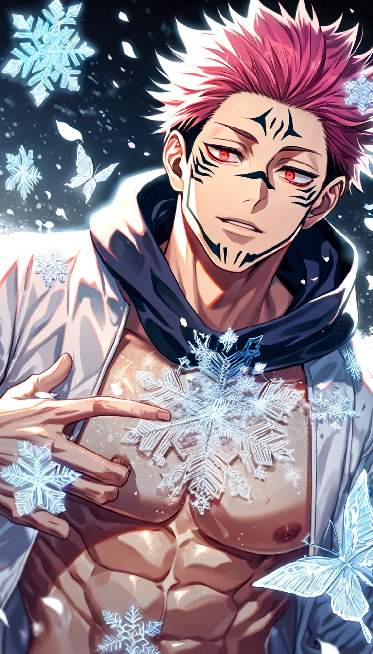 Ultra detailed, Highres, absurdres, HDR, Ryomen Sukuna, pink hair, expressive red eyes, white coat with patterns with a hoddie, Jujutsu Kaisen, white flowers, winter, ice, snowflakes, petals, handsome, sexy man, solo, very detailed eyes and face, ice butterflies, master piece, toned chest, glittering