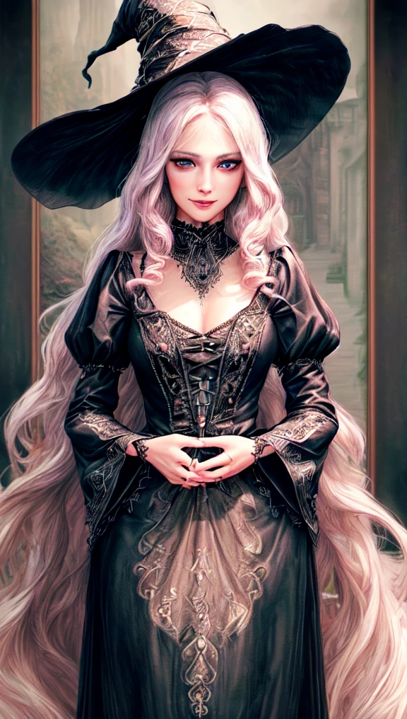 (best quality,4k,8k,highres,masterpiece:1.2),ultra-detailed,(realistic,photorealistic,photo-realistic:1.37),black long dress,big hat,witch clothes,beautiful detailed eyes,beautiful detailed lips,extremely detailed eyes and face,longeyelashes,friendly smile,slim body,standing,shy expression,soft lighting,traditional oil painting style,vivid colors,soft pastel color palette