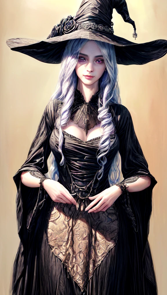 (best quality,4k,8k,highres,masterpiece:1.2),ultra-detailed,(realistic,photorealistic,photo-realistic:1.37),black long dress,big hat,witch clothes,beautiful detailed eyes,beautiful detailed lips,extremely detailed eyes and face,longeyelashes,friendly smile,slim body,standing,shy expression,soft lighting,traditional oil painting style,vivid colors,soft pastel color palette
