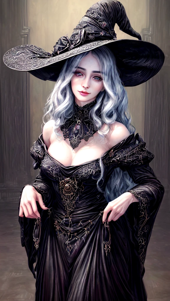 (best quality,4k,8k,highres,masterpiece:1.2),ultra-detailed,(realistic,photorealistic,photo-realistic:1.37),black long dress,big hat,witch clothes,beautiful detailed eyes,beautiful detailed lips,extremely detailed eyes and face,longeyelashes,friendly smile,slim body,standing,shy expression,soft lighting,traditional oil painting style,vivid colors,soft pastel color palette