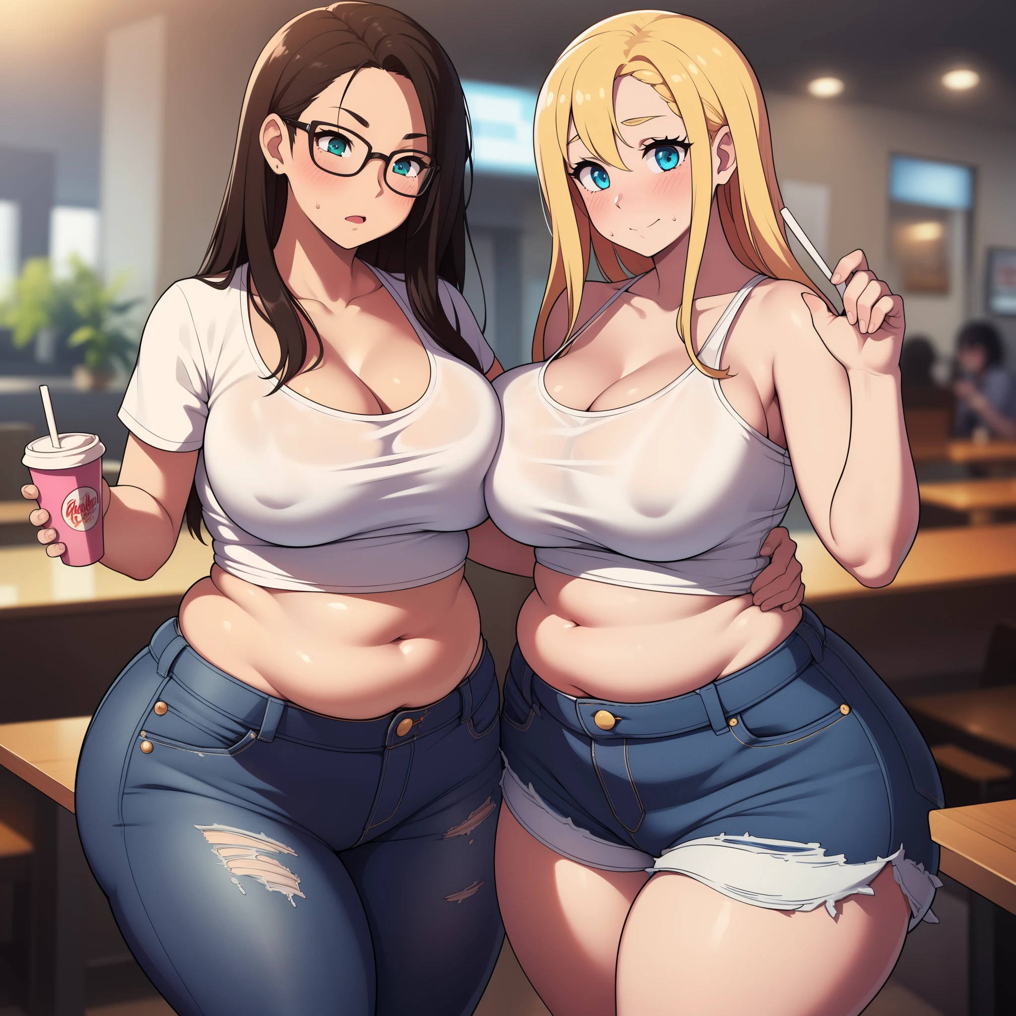 ((highres)), Masterpiece, high quality, best quality, beautiful, perfect lighting, detailed face, ultra cute face, ((blushing)), embarrassed, (((2girls))), one girl has blonde hair, blue eyes, crop top and shorts skindentation, one girl has brown hair, green eyes, jeans, white shirt, tight clothes, one girl has, full body, fast food restaurant, cleavage, medium breasts, ((wide hips)), ((thick thighs)), (fat ass), ((plump)), chubby belly, fat folds, belly hang, standing, touching each other, (belly grab),