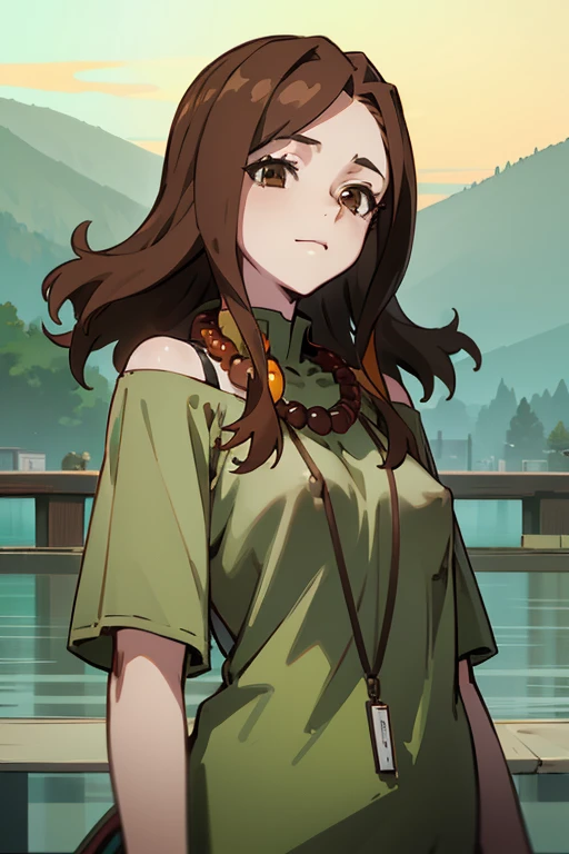 Lake Izu,((highest quality)), ((masterpiece)), (be familiar with),One female,Long Hair, Brown Hair, Brown eyes, Green Shirt,necklace, Hair on one eye, Off the shoulder, Exposing shoulders,((Erect nipples))