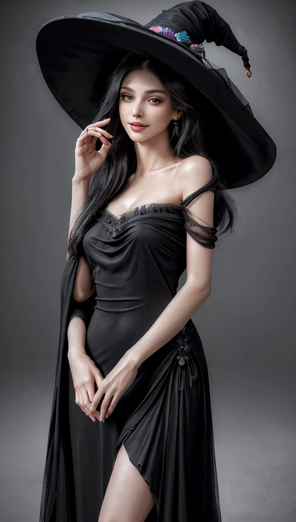 (best quality,4k,8k,highres,masterpiece:1.2),ultra-detailed,(realistic,photorealistic,photo-realistic:1.37),black long dress,big hat,witch clothes,beautiful detailed eyes,beautiful detailed lips,extremely detailed eyes and face,longeyelashes,friendly smile,slim body,standing,shy expression,soft lighting,traditional oil painting style,vivid colors,soft pastel color palette
