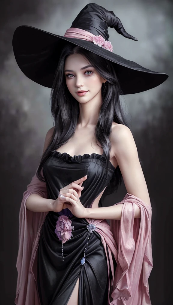 (best quality,4k,8k,highres,masterpiece:1.2),ultra-detailed,(realistic,photorealistic,photo-realistic:1.37),black long dress,big hat,witch clothes,beautiful detailed eyes,beautiful detailed lips,extremely detailed eyes and face,longeyelashes,friendly smile,slim body,standing,shy expression,soft lighting,traditional oil painting style,vivid colors,soft pastel color palette