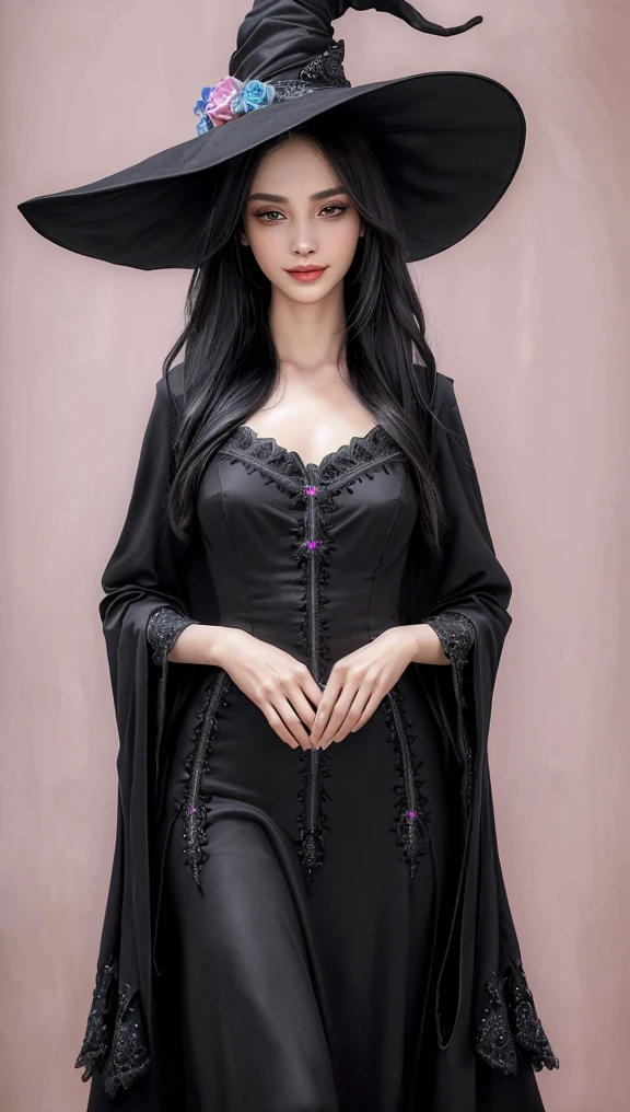 (best quality,4k,8k,highres,masterpiece:1.2),ultra-detailed,(realistic,photorealistic,photo-realistic:1.37),black long dress,big hat,witch clothes,beautiful detailed eyes,beautiful detailed lips,extremely detailed eyes and face,longeyelashes,friendly smile,slim body,standing,shy expression,soft lighting,traditional oil painting style,vivid colors,soft pastel color palette