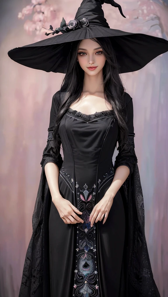 (best quality,4k,8k,highres,masterpiece:1.2),ultra-detailed,(realistic,photorealistic,photo-realistic:1.37),black long dress,big hat,witch clothes,beautiful detailed eyes,beautiful detailed lips,extremely detailed eyes and face,longeyelashes,friendly smile,slim body,standing,shy expression,soft lighting,traditional oil painting style,vivid colors,soft pastel color palette