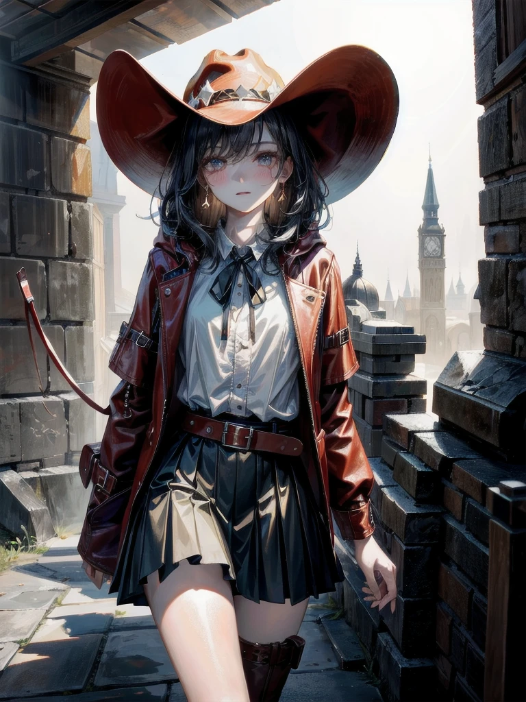 cool cowgirl, cowboy hat, blouse, decorated hooded armor jacket, cross belt, short skirt, Red leather long boots, absurdres, RAW photo, extremely delicate and beautiful, masterpiece, Best Quality, ultra high resolution, 32k, hyperrealistic, ultra-detailed, detailed description, pale skin, 20 years old, tearful mole, earring, short medium hair, wavy hair, whole body shot,