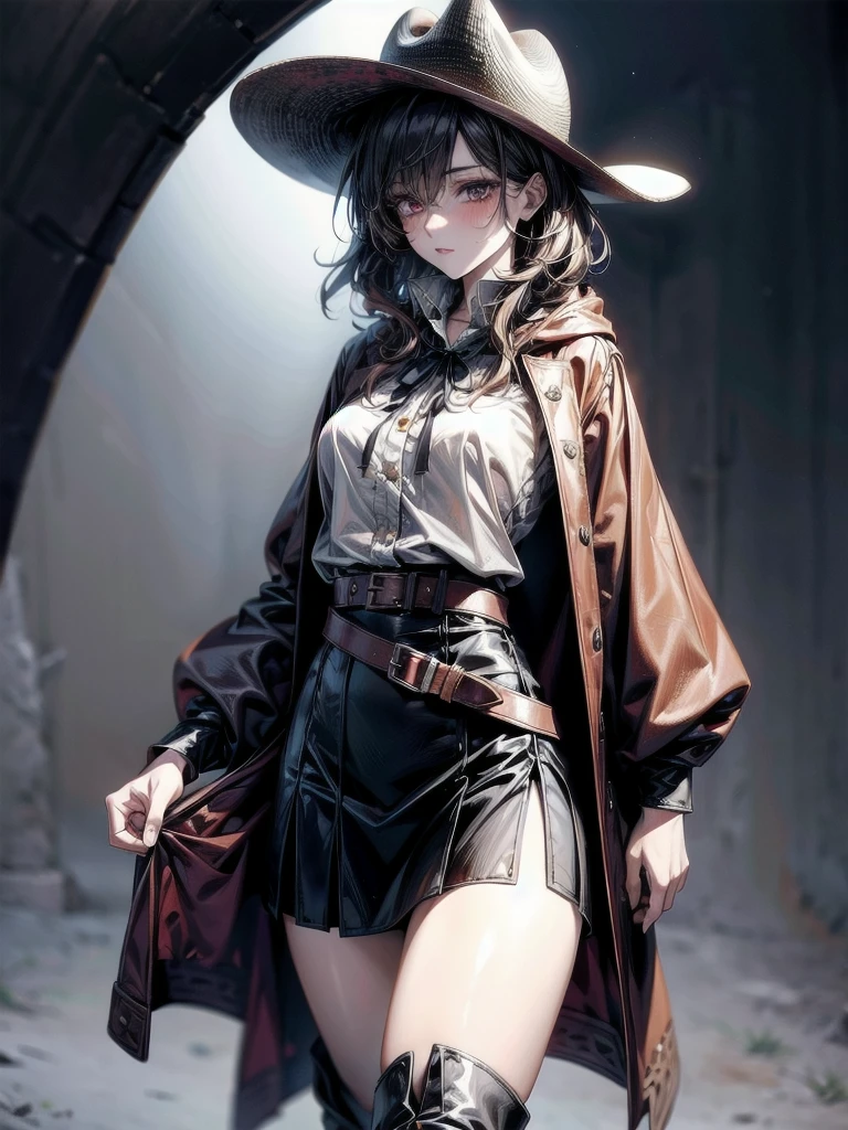 cool cowgirl, cowboy hat, blouse, decorated hooded armor jacket, cross belt, short skirt, Red leather long boots, absurdres, RAW photo, extremely delicate and beautiful, masterpiece, Best Quality, ultra high resolution, 32k, hyperrealistic, ultra-detailed, detailed description, pale skin, 20 years old, tearful mole, earring, short medium hair, wavy hair, whole body shot,