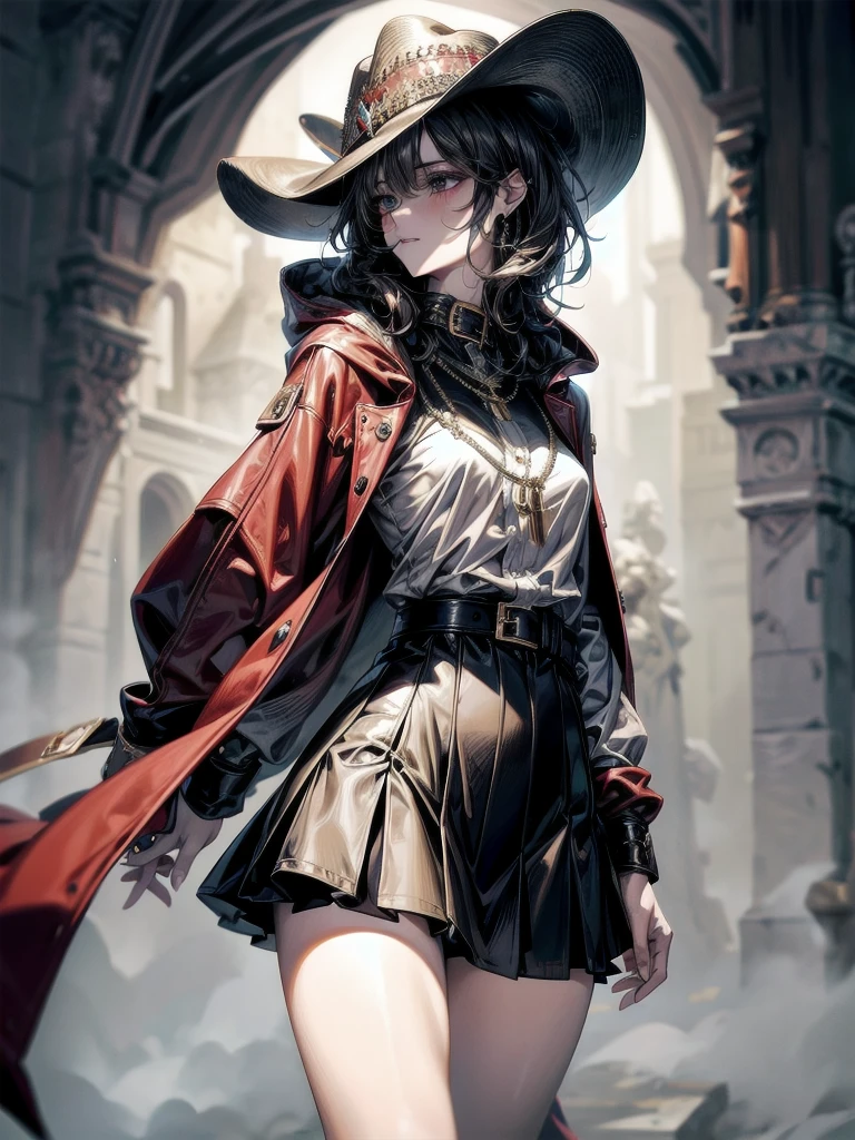 cool cowgirl, cowboy hat, blouse, decorated hooded armor jacket, cross belt, short skirt, Red leather long boots, absurdres, RAW photo, extremely delicate and beautiful, masterpiece, Best Quality, ultra high resolution, 32k, hyperrealistic, ultra-detailed, detailed description, pale skin, 20 years old, tearful mole, earring, short medium hair, wavy hair, whole body shot,