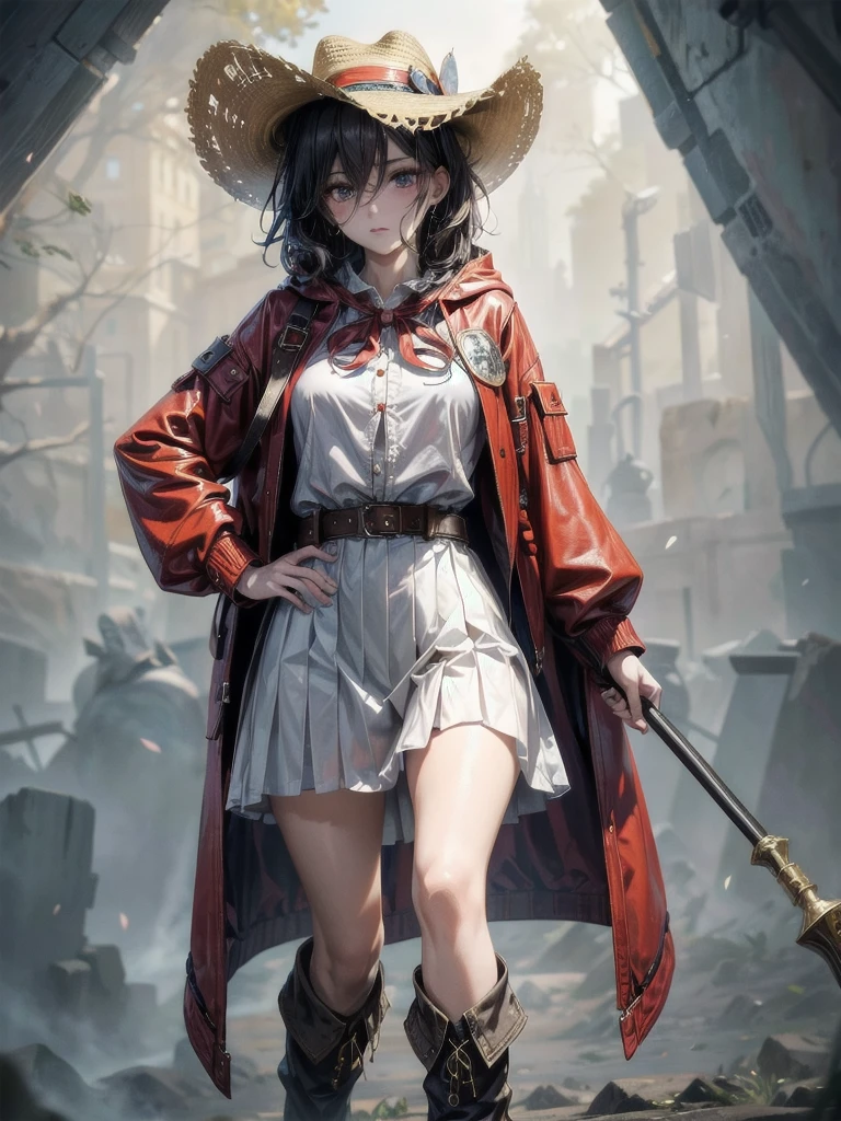 cool cowgirl, cowboy hat, blouse, decorated hooded armor jacket, cross belt, short skirt, Red leather long boots, absurdres, RAW photo, extremely delicate and beautiful, masterpiece, Best Quality, ultra high resolution, 32k, hyperrealistic, ultra-detailed, detailed description, pale skin, 20 years old, tearful mole, earring, short medium hair, wavy hair, whole body shot,