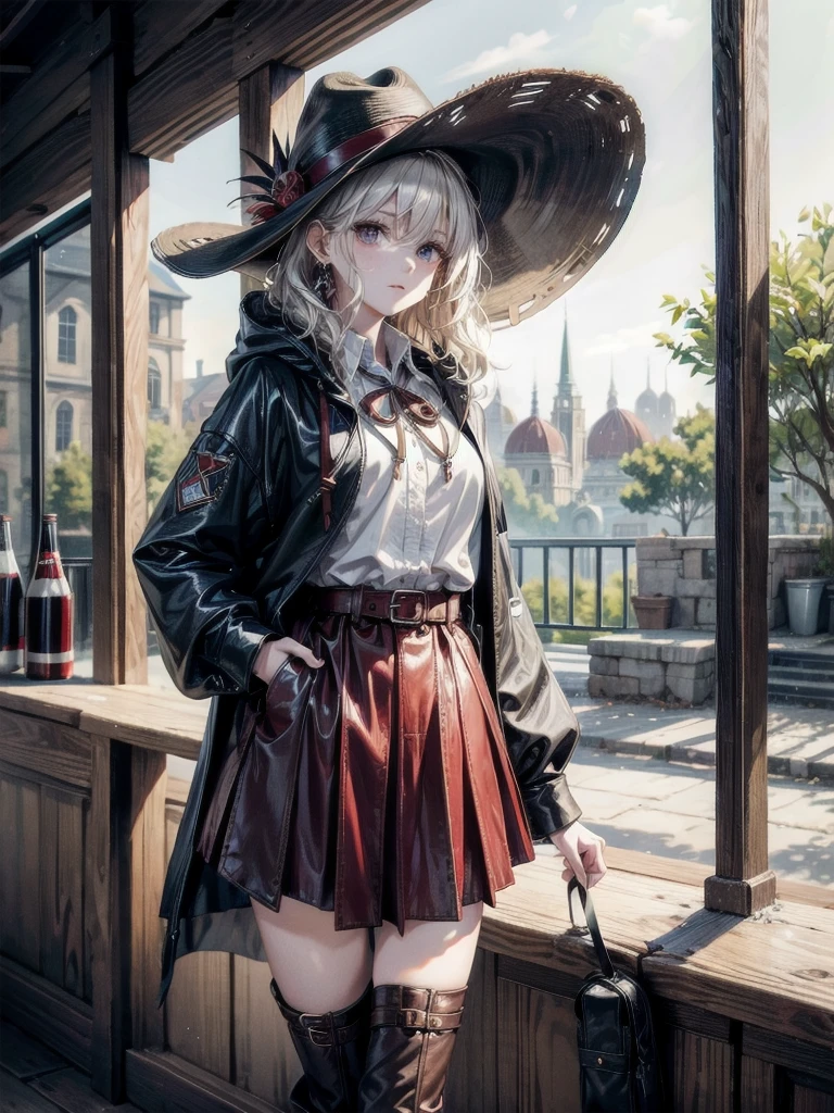 cool cowgirl, cowboy hat, blouse, decorated hooded armor jacket, cross belt, short skirt, Red leather long boots, absurdres, RAW photo, extremely delicate and beautiful, masterpiece, Best Quality, ultra high resolution, 32k, hyperrealistic, ultra-detailed, detailed description, pale skin, 20 years old, tearful mole, earring, short medium hair, wavy hair, whole body shot,