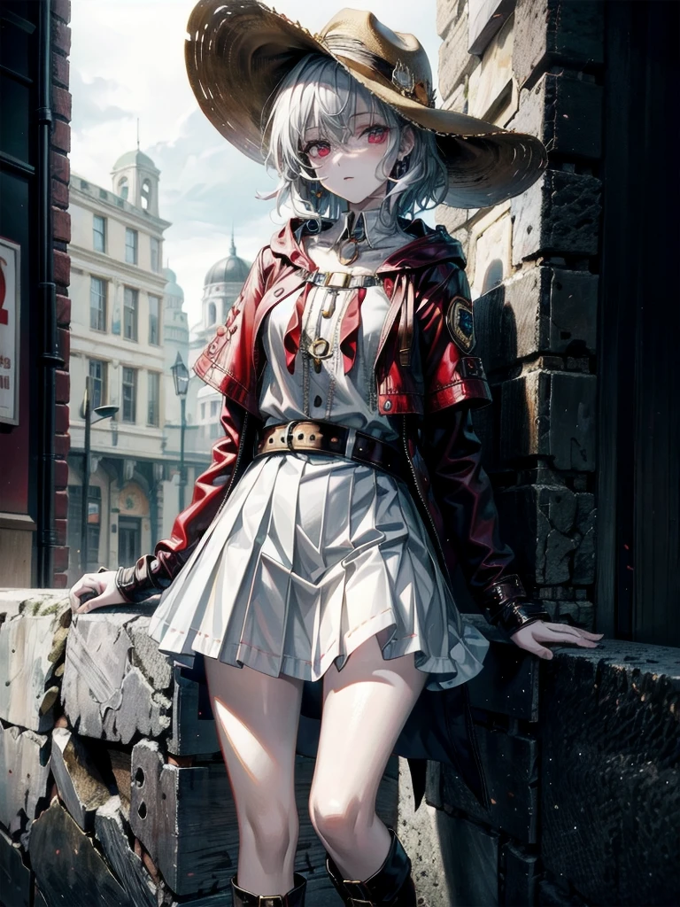 cool cowgirl, cowboy hat, blouse, decorated hooded armor jacket, cross belt, short skirt, Red leather long boots, absurdres, RAW photo, extremely delicate and beautiful, masterpiece, Best Quality, ultra high resolution, 32k, hyperrealistic, ultra-detailed, detailed description, pale skin, 20 years old, tearful mole, earring, short medium hair, wavy hair, whole body shot,