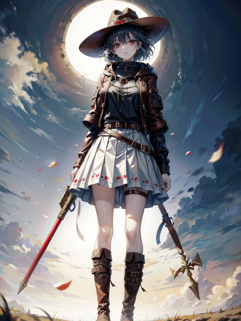 cool cowgirl, cowboy hat, blouse, decorated hooded armor jacket, cross belt, short skirt, Red leather long boots, absurdres, RAW photo, extremely delicate and beautiful, masterpiece, Best Quality, ultra high resolution, 32k, hyperrealistic, ultra-detailed, detailed description, pale skin, 20 years old, tearful mole, earring, short medium hair, wavy hair, whole body shot,