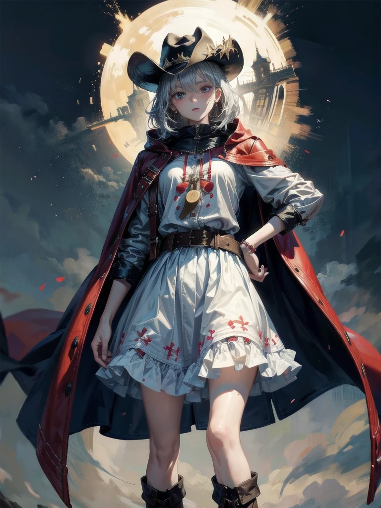 cool cowgirl, cowboy hat, blouse, decorated hooded armor jacket, cross belt, short skirt, Red leather long boots, absurdres, RAW photo, extremely delicate and beautiful, masterpiece, Best Quality, ultra high resolution, 32k, hyperrealistic, ultra-detailed, detailed description, pale skin, 20 years old, tearful mole, earring, short medium hair, wavy hair, whole body shot,