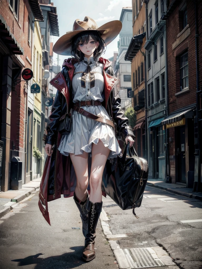 cool cowgirl, cowboy hat, blouse, decorated hooded armor jacket, cross belt, short skirt, Red leather long boots, absurdres, RAW photo, extremely delicate and beautiful, masterpiece, Best Quality, ultra high resolution, 32k, hyperrealistic, ultra-detailed, detailed description, pale skin, 20 years old, tearful mole, earring, short medium hair, wavy hair, whole body shot,