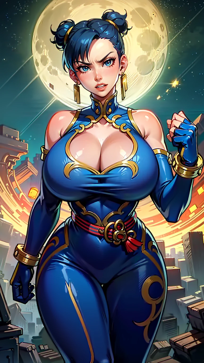 Waifu, masterpiece, curvy, breasts, moon, full moon, gloves, 1girl, clenched teeth, chun-li, cleavage, large breasts, teeth, aqua hair, red gloves, tank top, blue eyes, rating:explicit,rule34, hardcore, ,,clenched hands, punching, night, sky, jumpsuit, pants, bare shoulders, blue hair, clenched hand, rating:questionable, short hair, belt, green hair, solo, angry, orange gloves, lip biting(gigantic and massive tits:1.1), breasts, official illustration, illustration, detailed face, beautiful intricate eyes, curvy milf, 1:2), closeup, titsnipples