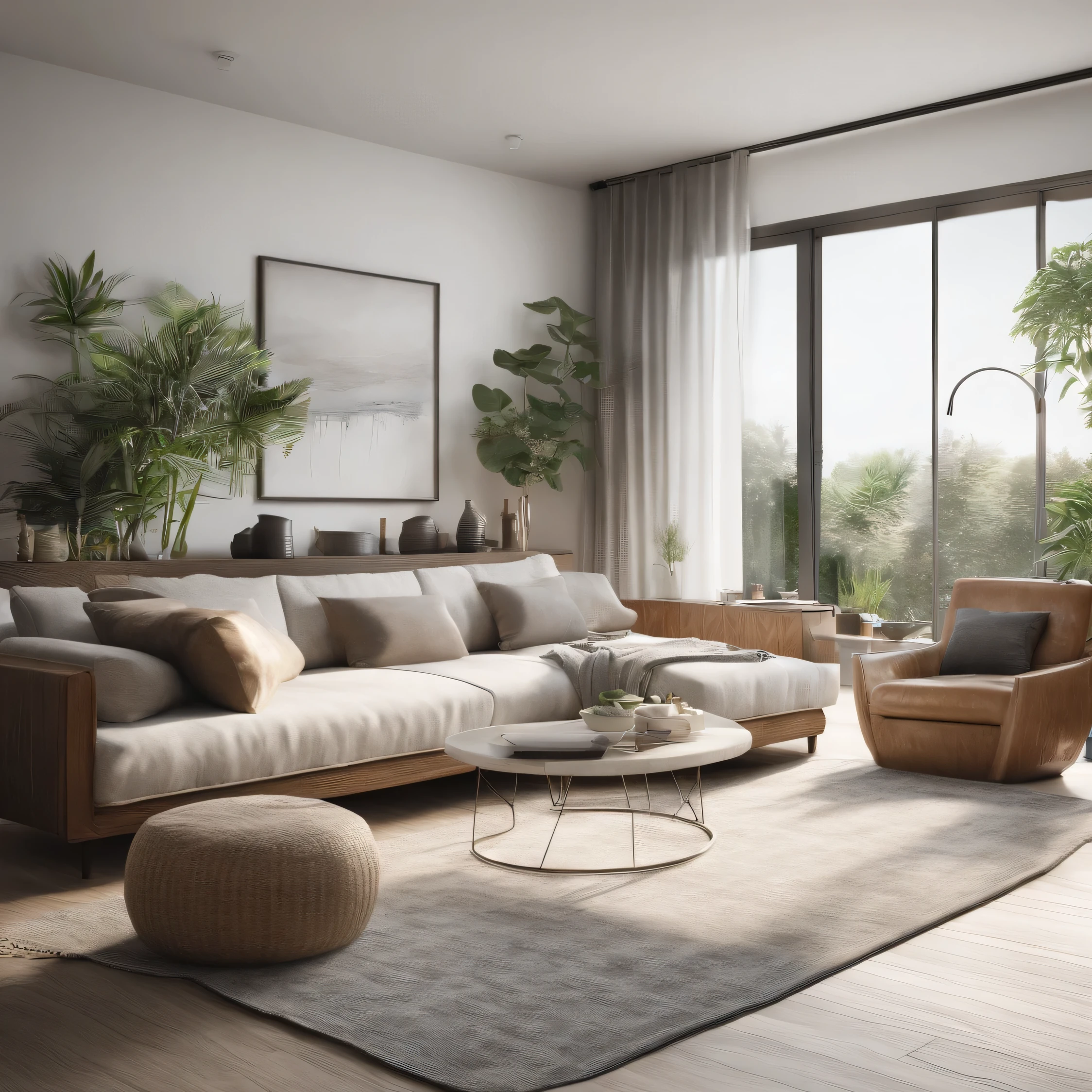 "Please generate a realistic high-resolution image (8k) of a modern interior living room with the following features: * Simple white wallpaper * A poster of the sea * A few potted plants * Water-colored curtains * High-quality stand lamp * A wide-angle perspective * Realistic and detailed rendering, focusing on sharpness and high-quality textures * Inspired by a beautiful and highest-quality room design The room should be bright and airy, with morning sunlight coming in through the windows. The overall atmosphere should be modern, urban, and sophisticated." This modified prompt is more specific and clear, making it easier for ChatGPT to generate the desired image.