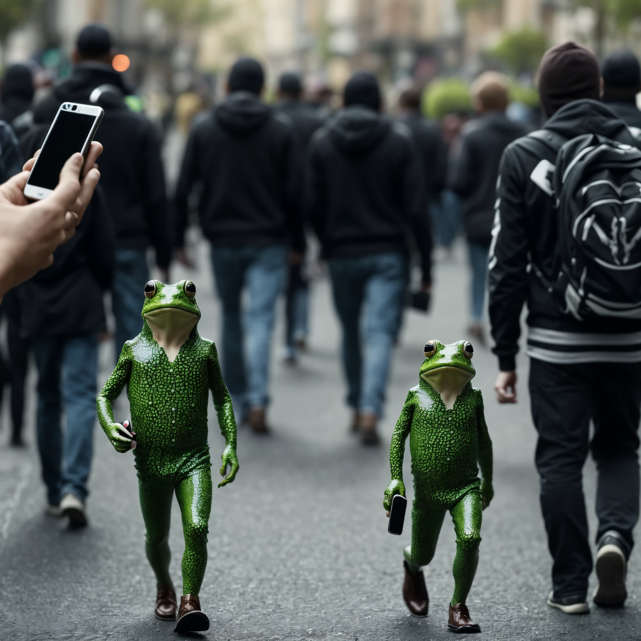 The anonymous frog is holding a phone in his hands, the phone screen is turned in our direction, the frog is cute but serious, there are a lot of people behind, who walk back and forth, high resolution, 3D