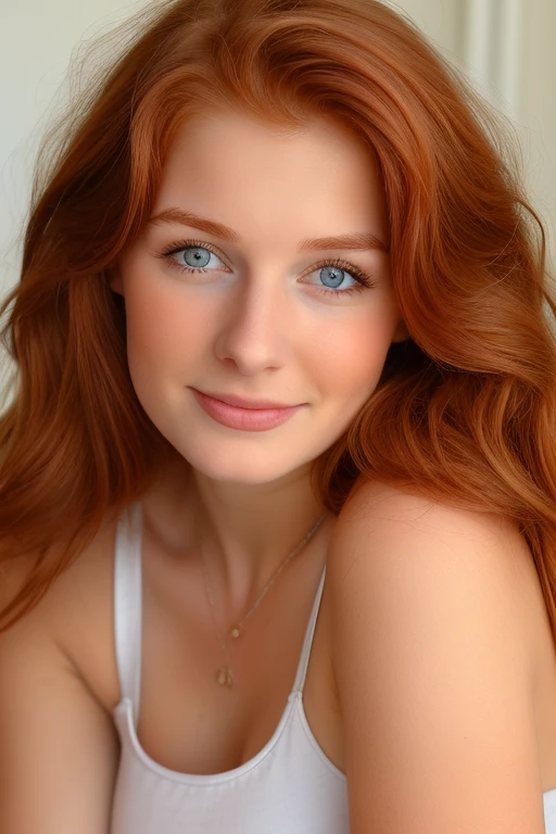 Faceportrait, (sweet redhead 22 year old Lisanne), ((sinnlicher Blick)), (((kupferrote wellige Haarfarbe))), sweet little nose, slight dimples, (graue Augenfarbe), normal sized eyes, normal sized lips, kleines Kinn, erkennbare Hauttextur, reine Haut, dunkelblonde Augenbrauen, leicht abstehende Ohren, kleine Ohren, schlanker kleiner Hals, white tank top, full body