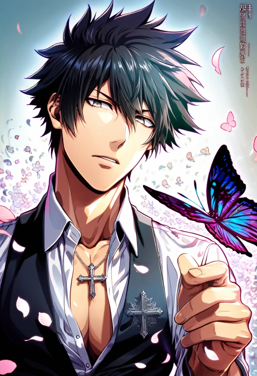 absurdres, highres, ultra detailed, HDR, master piece, best quality, Kougami Shinya, black hair, expressive gray eyes, psycho pass, solo, sexy man, handsome, toned chest, white shirt, black vest, cross, butterflies, petals
