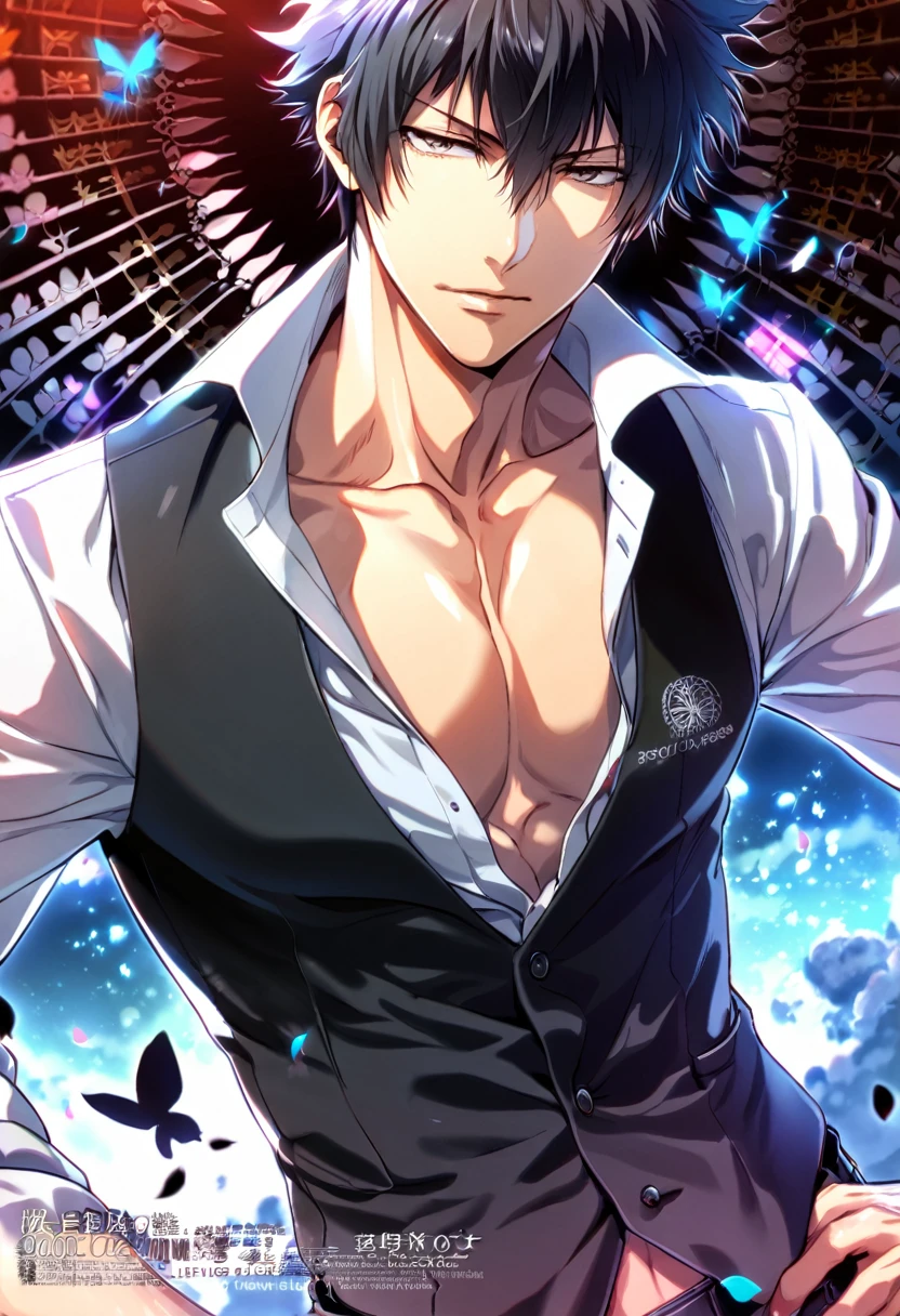 absurdres, highres, ultra detailed, HDR, master piece, best quality, Kougami Shinya, black hair, expressive gray eyes, psycho pass, solo, sexy man, handsome, toned chest, white shirt, black vest, cross, butterflies, petals 
