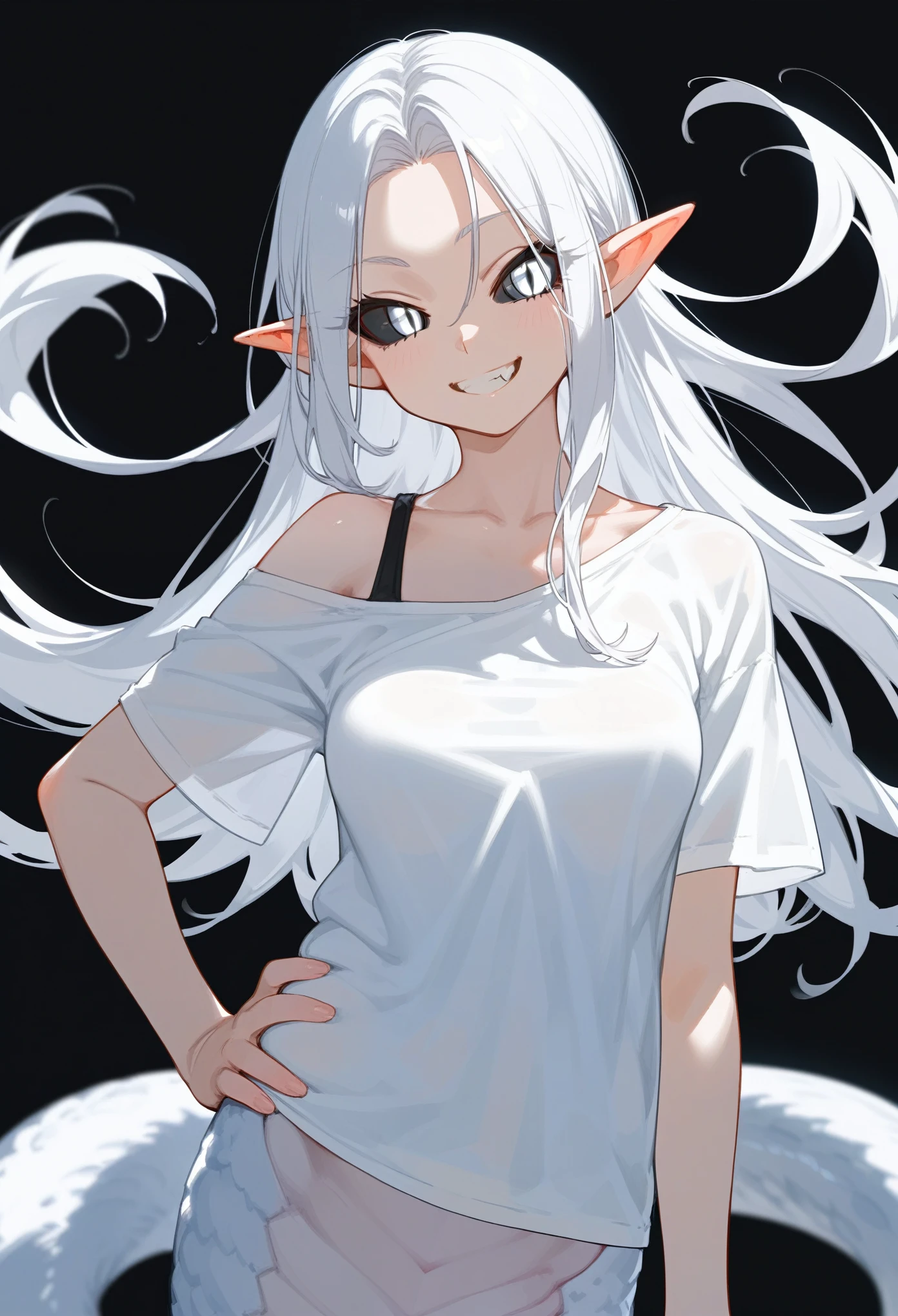 Best quality, score_9, score_8_up, score_7_up, 1girl, lamia monstergirl, white scales, white belly, white eyes, (black sclera), white hair, long hair, parted bangs, pointy ears, hand on hip, white oversize shirt, off shoulder, short sleeves, saggy shirt, closed mouth, grin, fang, looking at viewer, black background, upper body, zoom out, 