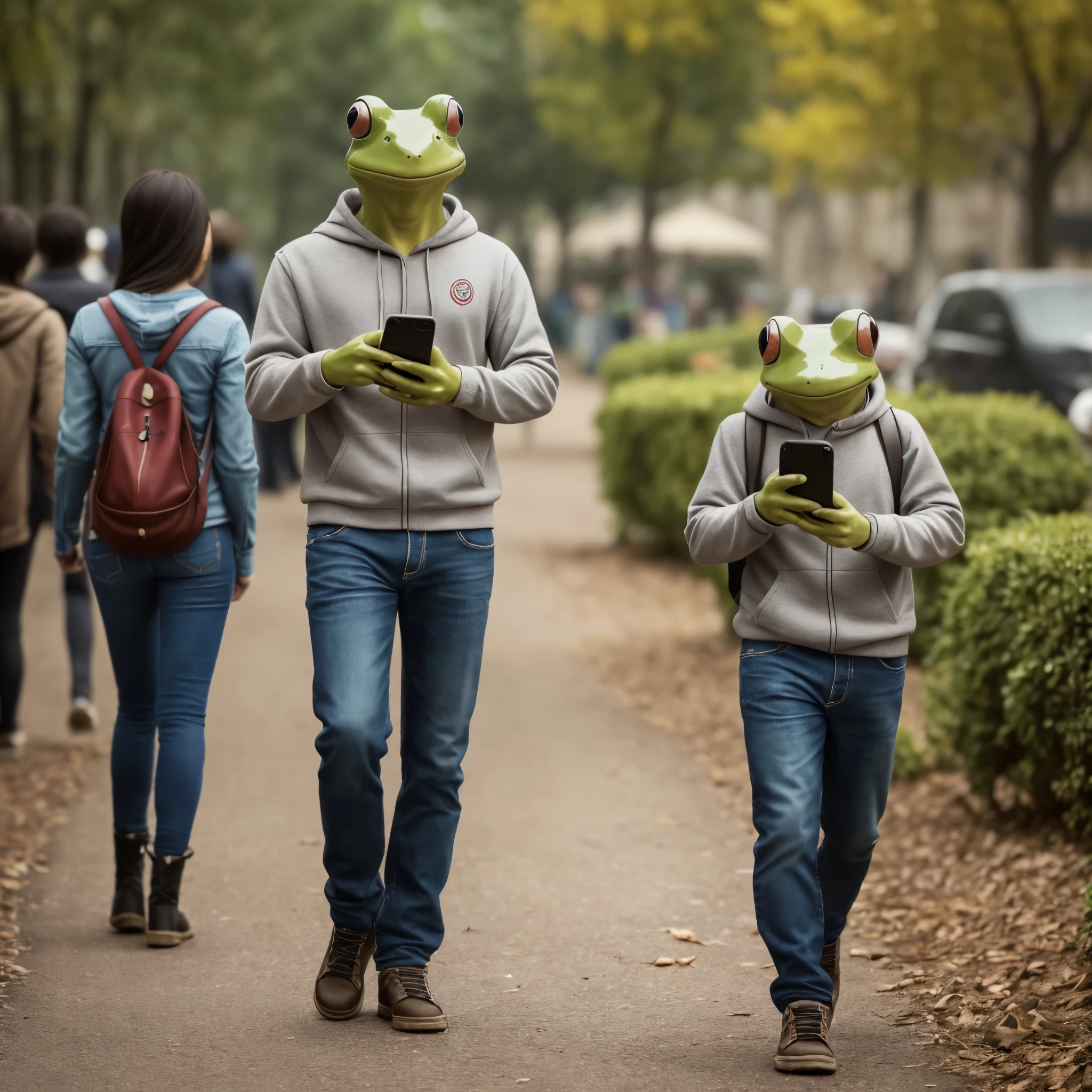 The anonymous frog is holding a phone in his hands, the phone screen is turned in our direction, the frog is cute but serious, there are a lot of people behind, who walk back and forth, high resolution, 3D