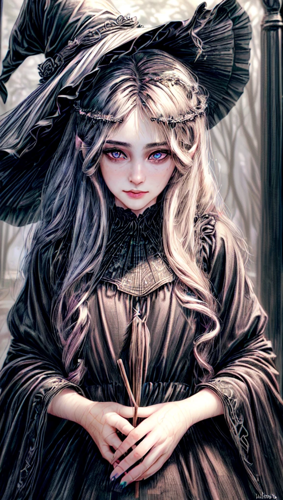 (best quality,4k,8k,highres,masterpiece:1.2),ultra-detailed,(realistic,photorealistic,photo-realistic:1.37),black long dress,big hat,witch clothes,beautiful detailed eyes,beautiful detailed lips,extremely detailed eyes and face,longeyelashes,friendly smile,slim body,standing,shy expression,soft lighting,traditional oil painting style,vivid colors,soft pastel color palette