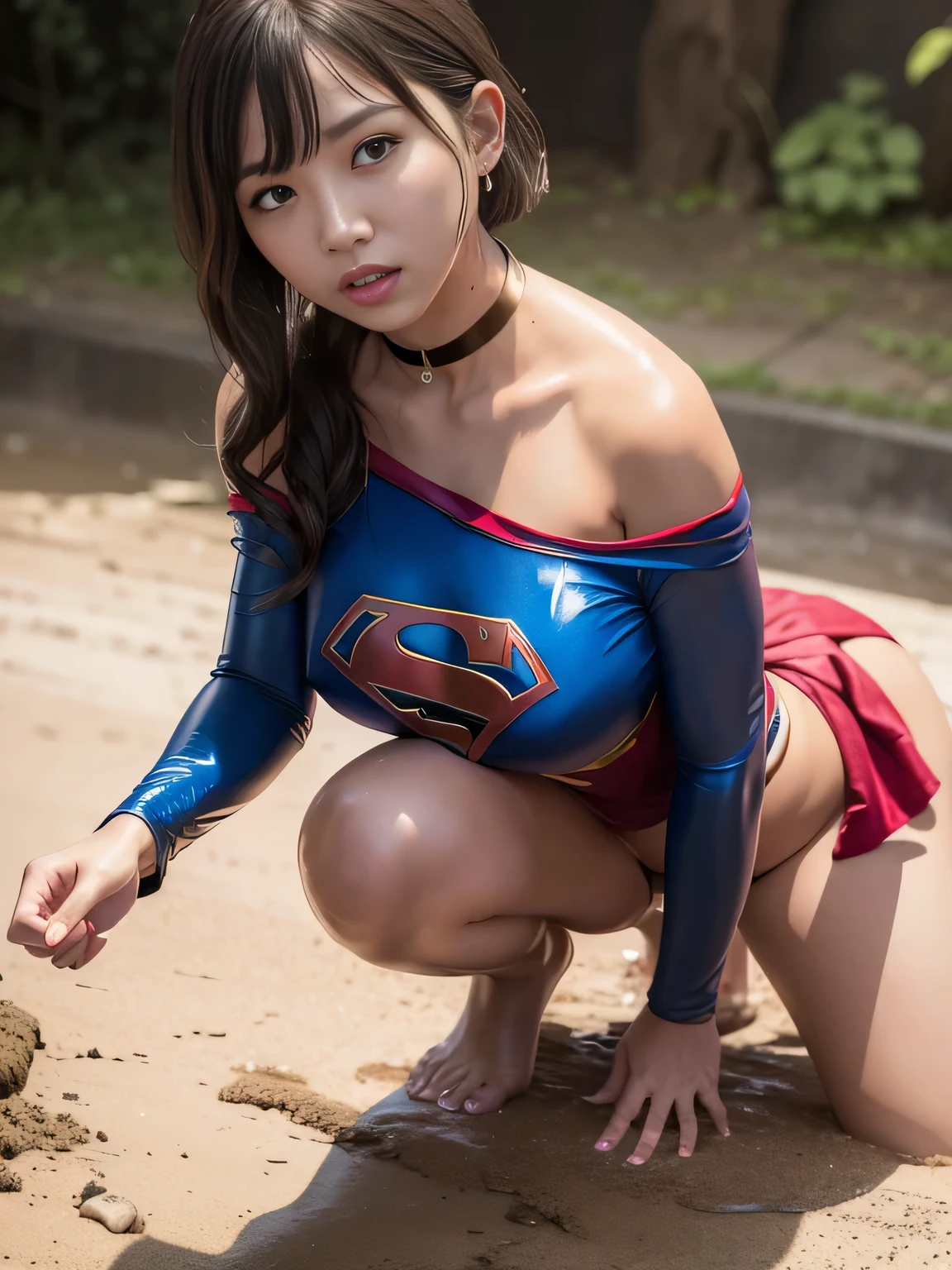 masterpiece、Supergirl Costume、short hair、barefoot、Big and ample breasts、Crisis situation、Complete surrender、Mud stains、ruins、Abused、Kneel、Sweaty、Shiny、looking at the camera、Dripping sewage、choker、Long sleeve、Sexy poses to seduce、Poor environment、Humiliating、Off the shoulder、latex、