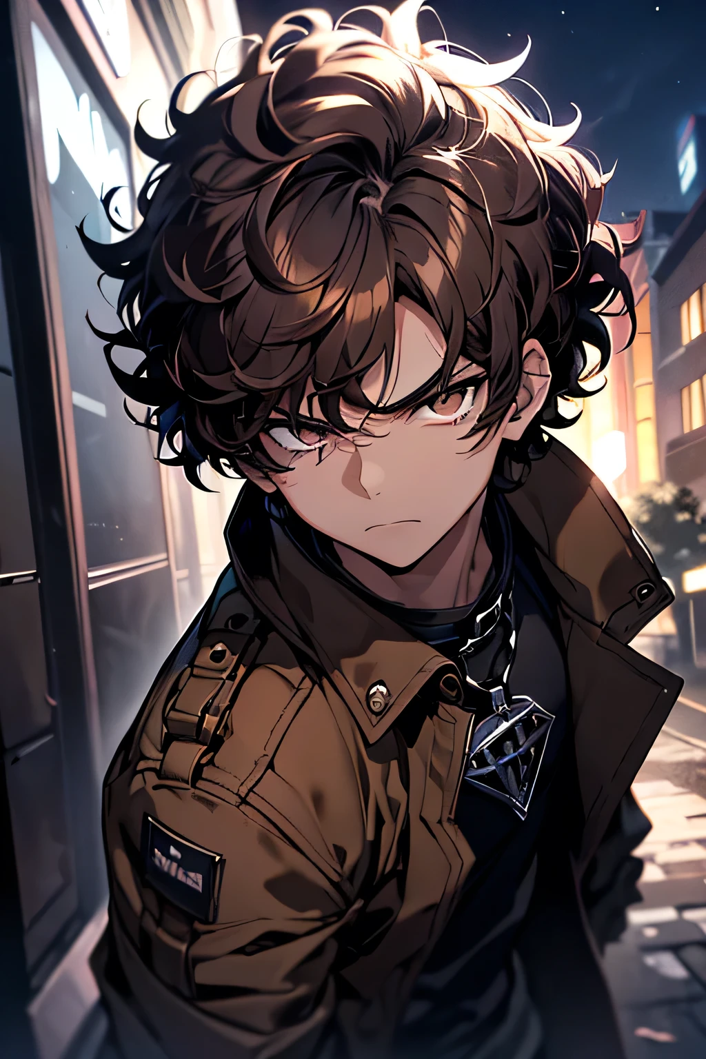 Young boy, (curly hair, brown hair, curly hair, super short hair), white, (brown eyes), (purple aviator blouse with blue and black accents), angry expression, (in a dark square at night), (at night, shades of black in the scenery, dark)
