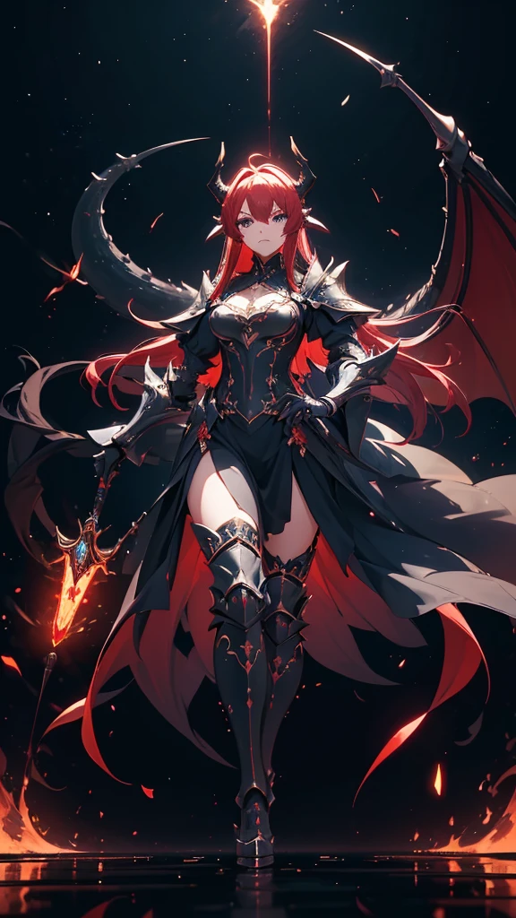 (masterpiece), (best quality), (high uqality), (8k), girl, (full-body), dragon armor, intricate details, red glow, short shilver hair, back messy hair, detailed hair strands, light blue eyes, dominance expression, walking in lesser caotic place as she rule the world, fire background, and dragons in the night sky, fierce aura, (high quality ilumination)