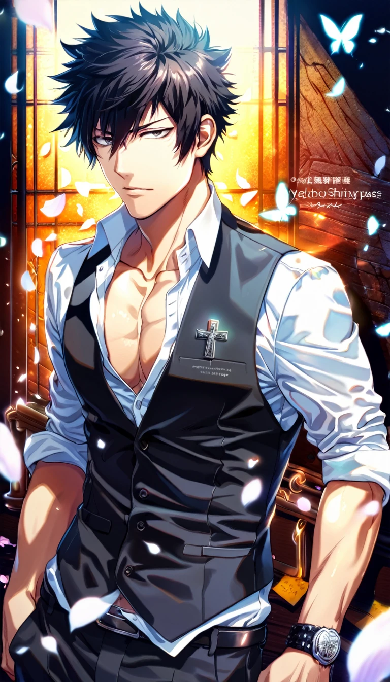 absurdres, highres, ultra detailed, HDR, master piece, best quality, Kougami Shinya, black hair, expressive gray eyes, psycho pass, solo, sexy man, handsome, toned chest, white shirt, black vest, cross, butterflies, petals