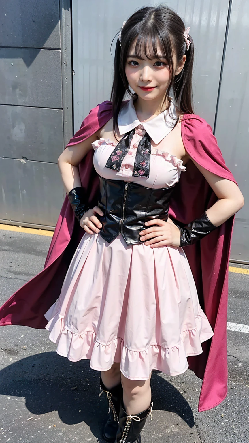 (8k、RAW Photos、highest quality、masterpiece:1.2)、(Realistic、Realistic)、1 girl、((Black and pink dress、belly button、Pink ee-through、Big Breasts、View from the front、stage、Spotlight、Twin tail hair、smile、Bustier、Cape、smile、whole body、short boots、Standing with hands on hips))、Lots of eyelashes、Glowing eyelids、skeletally correct