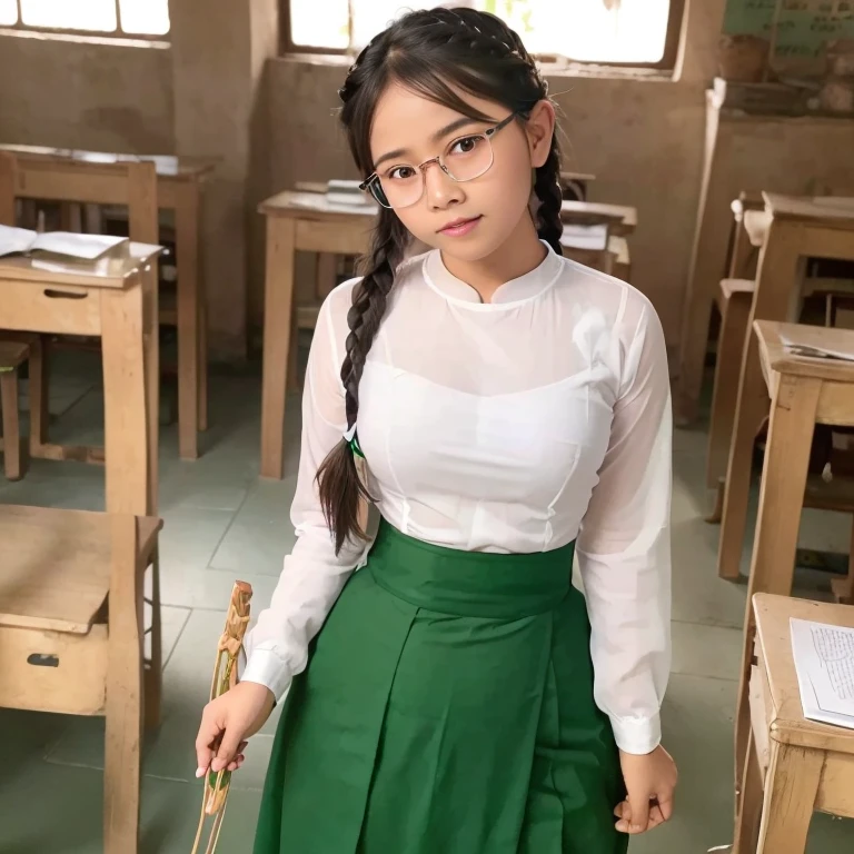 myanmar school girl in the class, ((standing and showing off pubic hair)), wide spread legs, blouse, id card, squatting, (((glasses, braid))), hair up,myanmar .