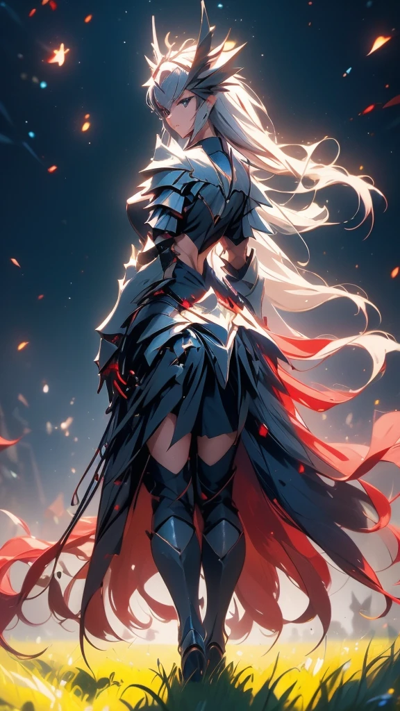 (masterpiece), (best quality), (high uqality), (8k), girl, (full-body), dragon armor, intricate details, red glow, short shilver hair, back messy hair, detailed hair strands, light blue eyes, dominance expression, walking in lesser caotic place as she rule the world, fire background, and dragons in the night sky, fierce aura, (high quality ilumination)