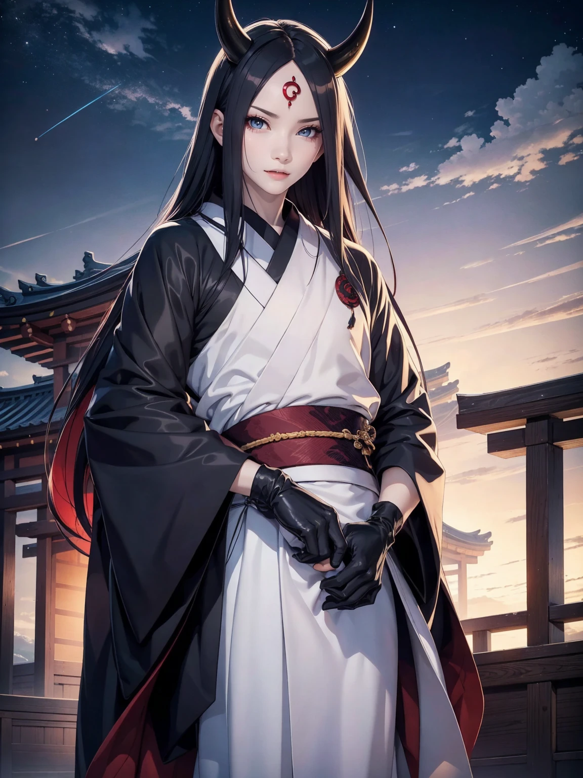 1boy, solo, kimono, night sky, japanese temple, wallpaper, perfect anatomy, perfect hands, masterpiece, looking at viewer, spiked hair, sakimichan, uchiha madara, long hair, hair over one eye, black gloves, third eye, pale skin, horns, forehead mark