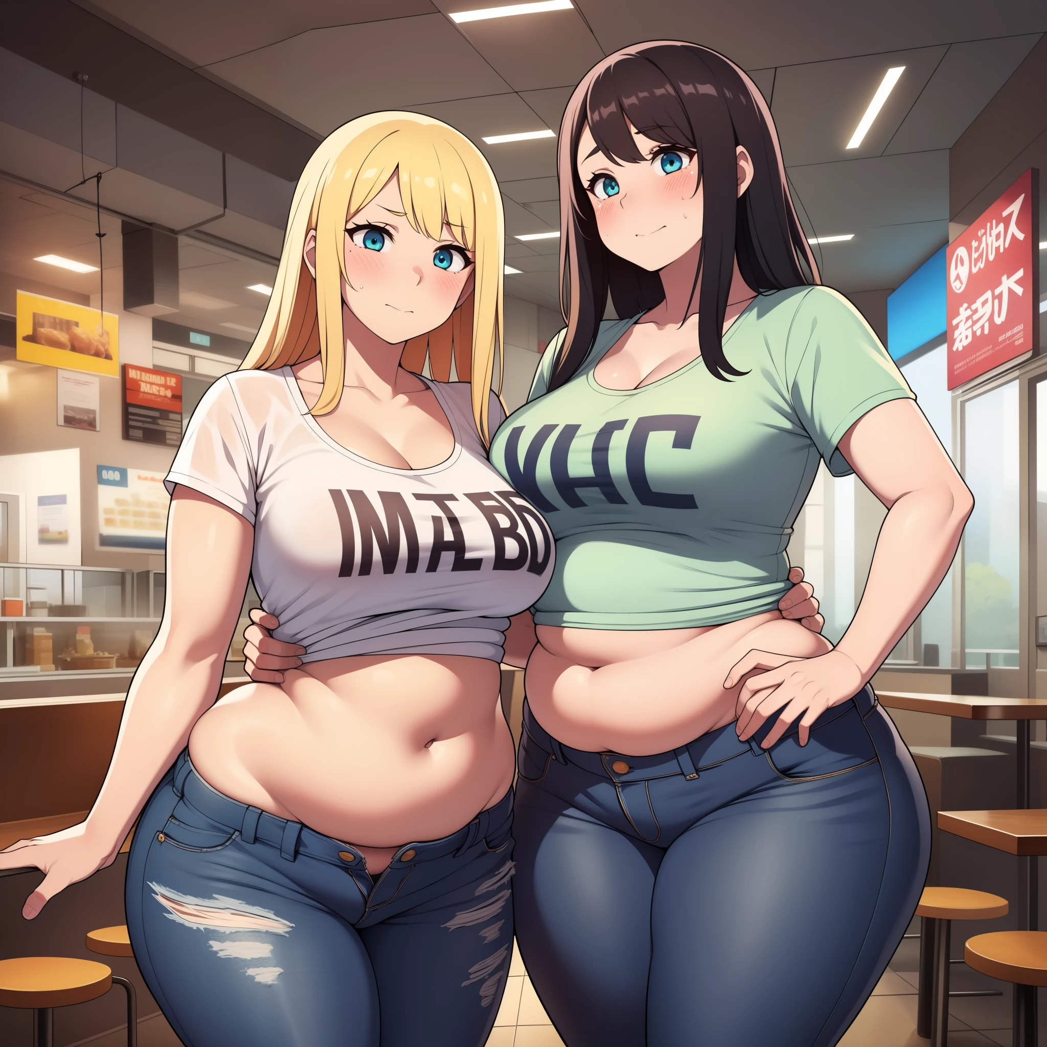 ((highres)), Masterpiece, high quality, best quality, beautiful, perfect lighting, detailed face, ultra cute face, ((blushing)), embarrassed, (((2girls))), one girl has blonde hair, blue eyes, crop top and shorts skindentation, one girl has brown hair, green eyes, jeans, white shirt, tight clothes, one girl has, full body, fast food restaurant, cleavage, medium breasts, ((wide hips)), ((thick thighs)), (fat ass), ((plump)), chubby belly, fat folds, belly hang, standing, touching each other, (belly grab),