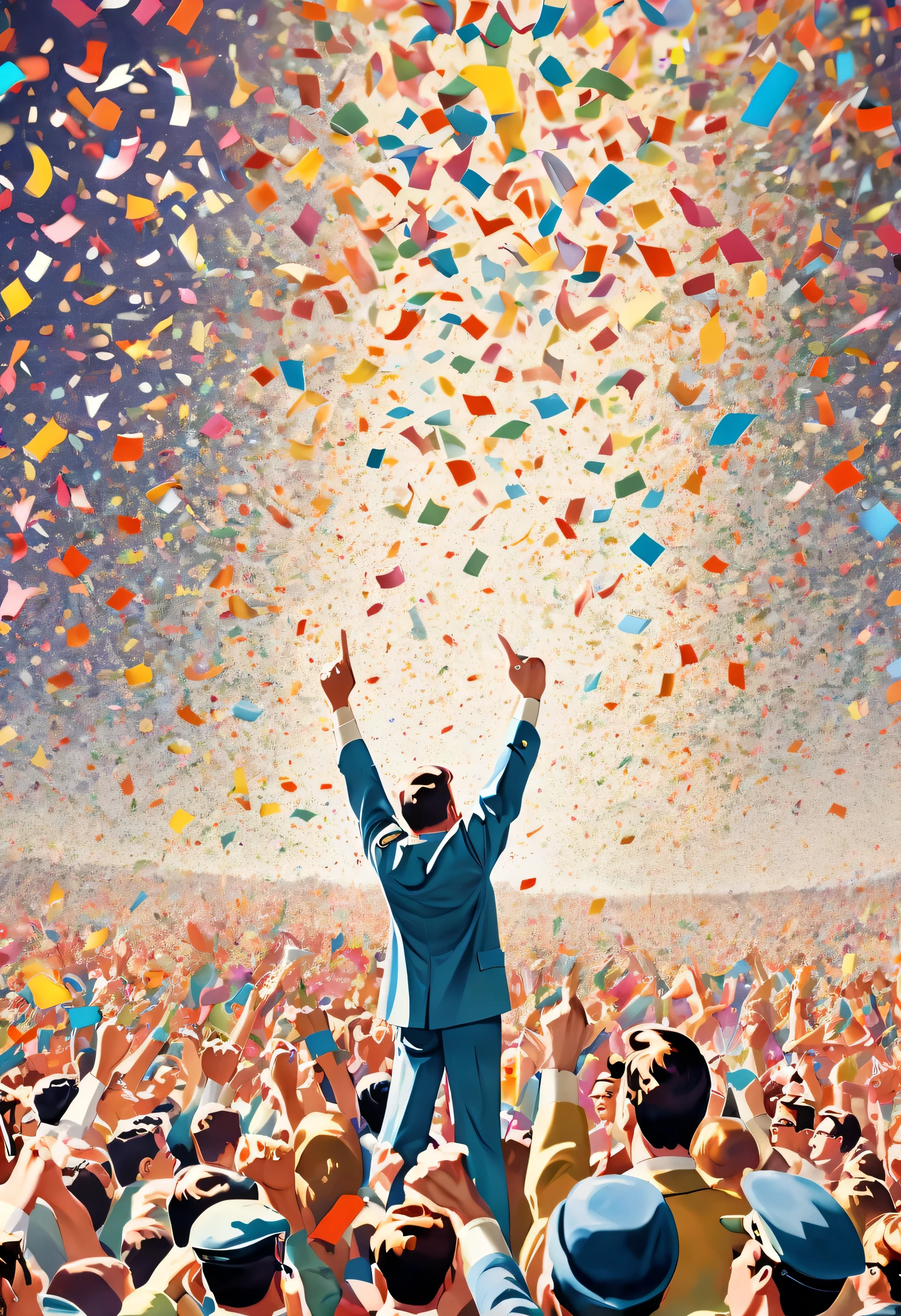 confete colorido, piloto dos anos 1960, applauding crowds, victory, arte em papel, panoramic view, Ultra high saturation, (melhor qualidade, Obra de arte, Trabalho representativo, arte oficial, Profissional, 8K)