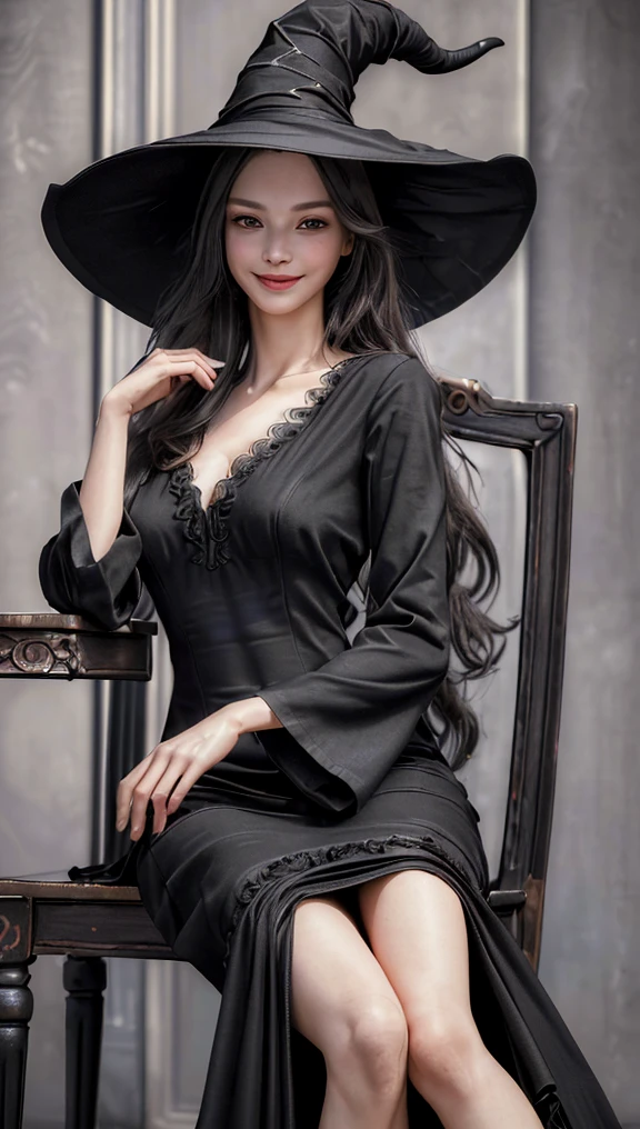 (best quality,4k,8k,highres,masterpiece:1.2),ultra-detailed,(realistic,photorealistic,photo-realistic:1.37),black long dress,big hat,witch clothes,friendly smile,slim body,standing,hand behind body,sit on the chair