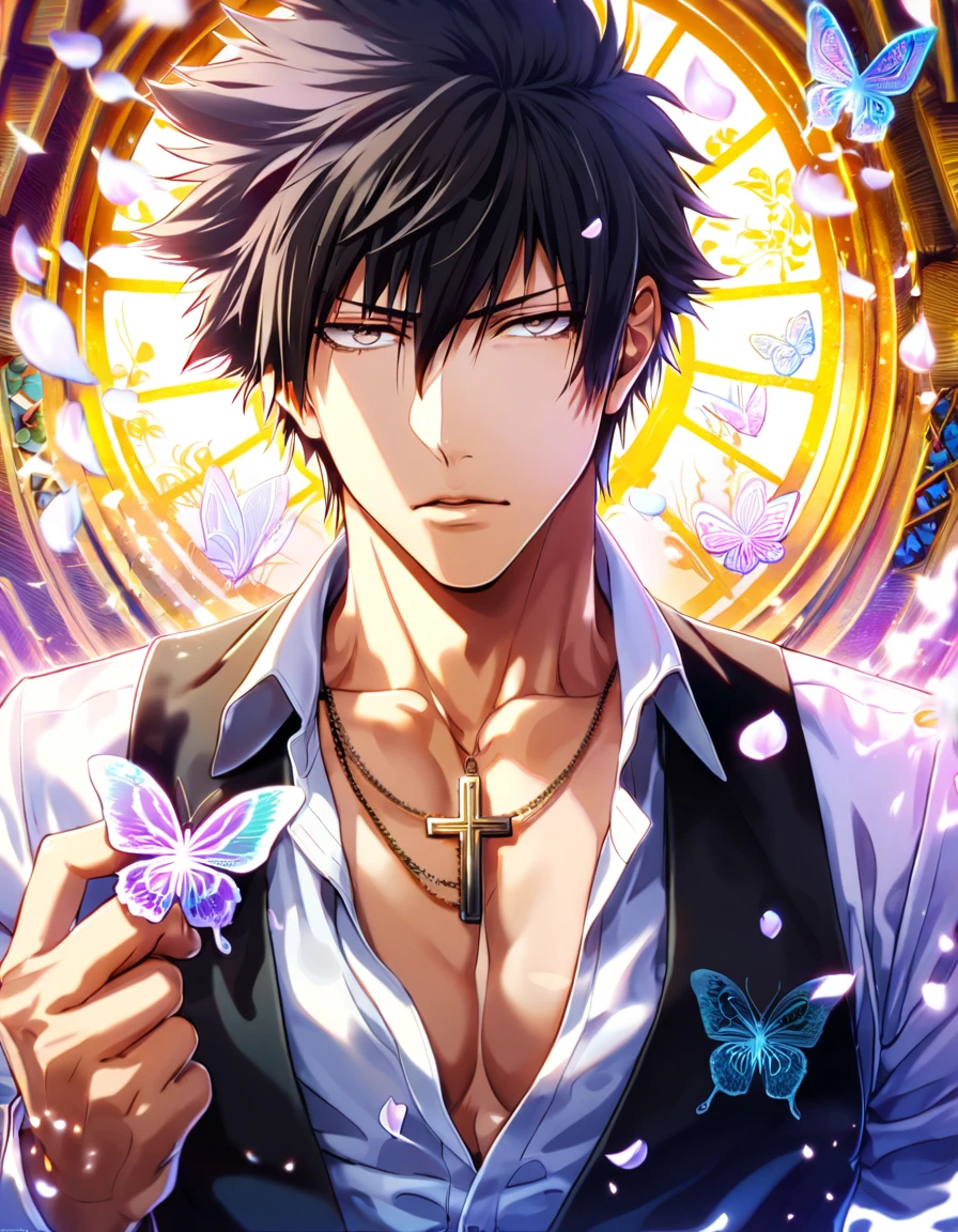 absurdres, highres, ultra detailed, HDR, master piece, best quality, Kougami Shinya, black hair, expressive gray eyes, psycho pass, solo, sexy man, handsome, toned chest, white shirt, black vest, cross, butterflies, petals