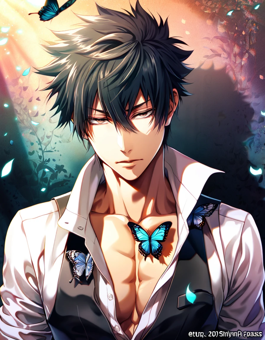 absurdres, highres, ultra detailed, HDR, master piece, best quality, Kougami Shinya, black hair, expressive gray eyes, psycho pass, solo, sexy man, handsome, toned chest, white shirt, black vest, cross, butterflies, petals