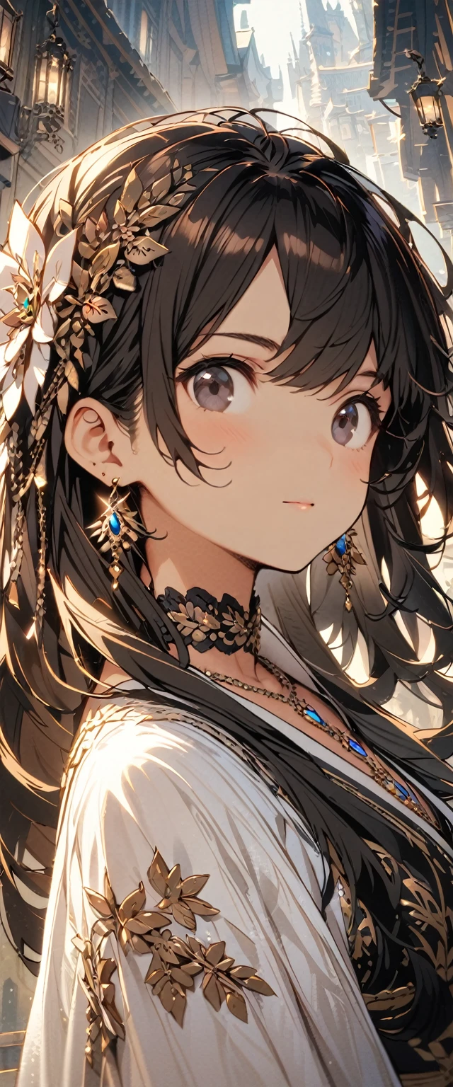 1 person、Top quality masterpiece illustrations、Black hair and black eyes、Wearing multiple necklaces、Wearing earrings、 in black and white fancy dress looking up、Cute and elegant face with long hair in the upward view. The angle of the sideways view is fair.、More hair details、