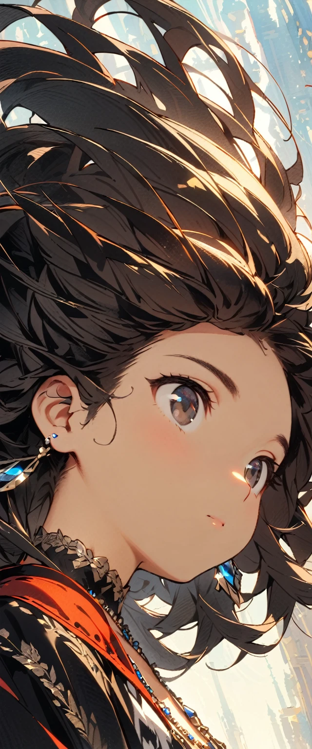 1 person、Top quality masterpiece illustrations、Black hair and black eyes、Wearing multiple necklaces、Wearing earrings、Little girl in black and white fancy dress looking up、Cute and elegant face with long hair in the upward view. The angle of the sideways view is fair.、More hair details、
