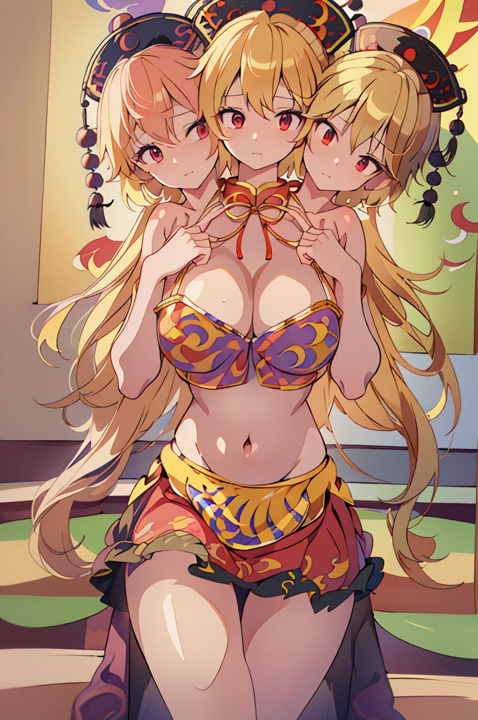 (masterpiece, best quality),best quality, (ultra-detailed), (3heads:1.5), 1girl, (junko (touhou):1.3), masterpiece, top best quality, ultra quality, ultra resolution, ultra detail, black top, crop top, ((stomach)), midriff, ((groin)), red and black skirt, normal ears, shackles, blonde hair, very long hair, wavy hair, sidelocks, red eyes, parted lips, blonde, sweat, cute, toned belly, hand on own chest, eyelashes, (25 year old woman:1.3), (masterpiece:1.5), (best quality:1.5), (beautiful detailed), extremely detailed CG, extremely delicate and beautiful, depth of field, (finely detailed face), (perfect details:1.3), (mature female:1.3), wide pelvis, slender, large veiny breast, 16k resolution, highres, very high quality, very high definition, extremely detailed, masterpiece, blonde hair, long hair, alluring presence, braid, short skirt, close up, big tits, young, chinese clothes, hair ornament, chinese headdress, adult woman, blonde woman, milf,