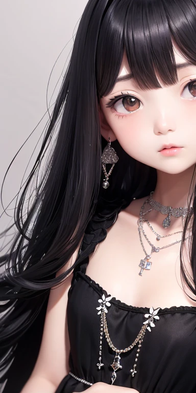 Top quality masterpiece illustrations、Black hair and black eyes、Wearing multiple necklaces、Wearing earrings、Little girl in black and white formal dress looking up、Cute and elegant face with long hair in the upward view. The angle of the lower body is fair.、More hair details、Wide Angle、