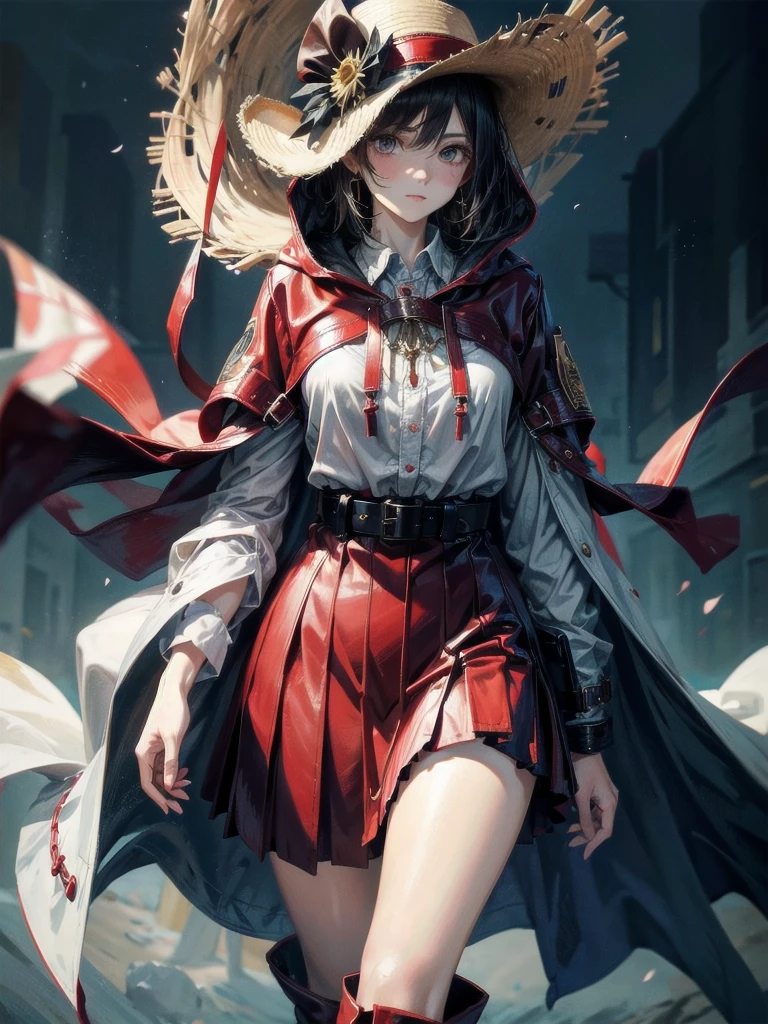 cool cowgirl, cowboy hat, blouse, decorated hooded armor jacket, cross belt, short leather skirt, Red leather long boots, absurdres, RAW photo, extremely delicate and beautiful, masterpiece, Best Quality, ultra high resolution, 32k, hyperrealistic, ultra-detailed, detailed description, pale skin, 20 years old, tearful mole, earring, short medium hair, wavy hair, whole body shot,