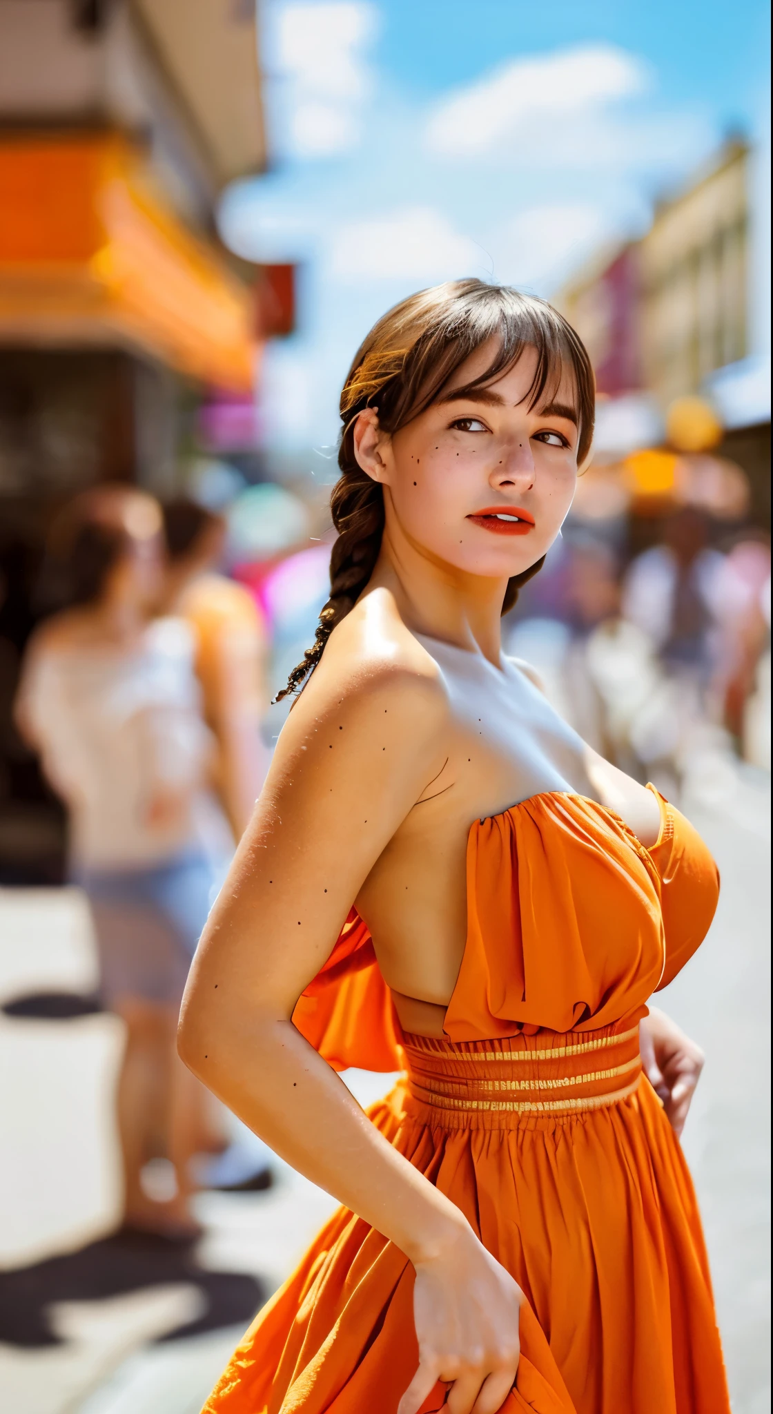 a woman posing on the street corner with orange dress on, highest quality, 1peopleの女の子, Large Breasts, Day, bright, Blur the background, Bokeh, Outdoor, (street:0.8), (people々, crowd:0.8), (Off-the-shoulder dress:1.2), nice, (Braided bangs:1.2), Beautifully detailed skies, (Dynamic pose:1.2), Soft lighting, Wind, Shiny skin, (Upper Body:0.8), (freckles:0.8), Mole under the mouth, 